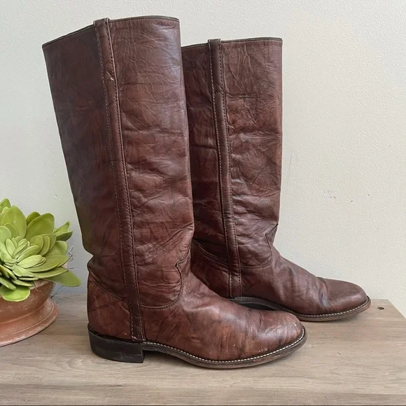 Justin Brown Leather Vintage Western Riding Boots - Picture 2 of 12